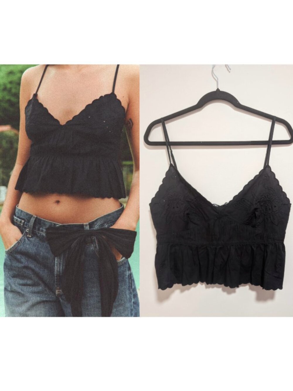 Zara| Embroidered Eyelet Peplum Cami Top In Black